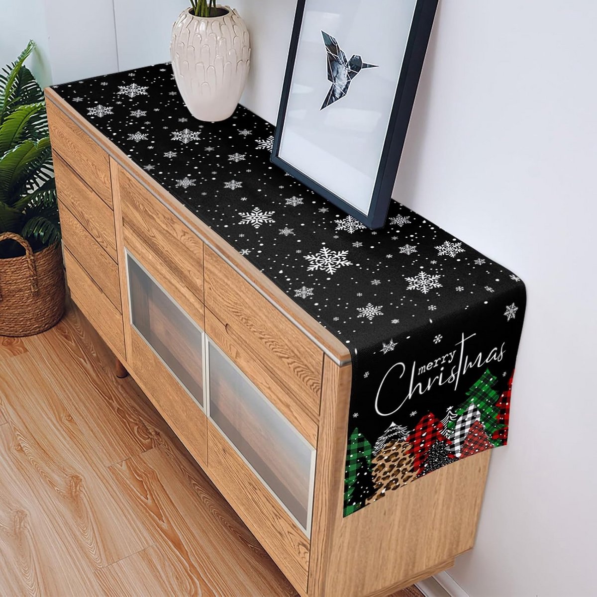 Lange Kerst Tafelloper met Kerstboom en Ruitpatroon - Antislip Feestdecoratie
