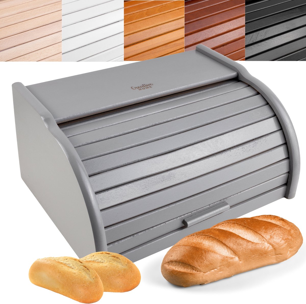 Creative Home Houten Broodtrommel Grijs | 38 x 28,5 x 17,5 cm (+/- 1cm) | Natuurlijk Beukenhout | Container met Roltop | Brooddoos voor Elke Keuken | Perfect voor Droogvoer