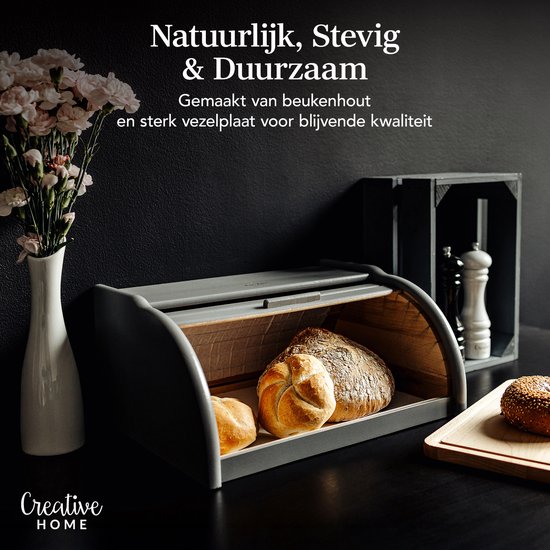 Creative Home Boîte à Pain en Bois Grijs | 38 x 28,5 x 17,5 cm (+/- 1 cm) | Bois de hêtre naturel | Conteneur avec Rolltop | Boîte à pain pour chaque Cuisine | Perfect pour les aliments secs