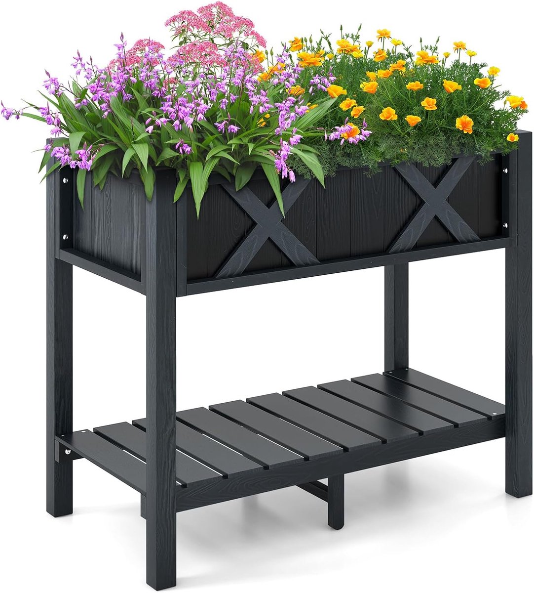 KOMFOTTEU Verhoogd tuinbed met legplank, verhoogd tuinbed met afvoergaten, weerbestendig, kruidenbed voor tuin en terras, 86 x 45 x 73 cm