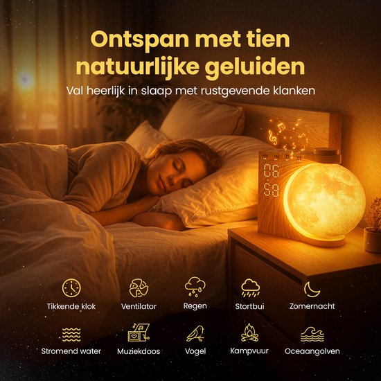 BP® Wake Up Light - Lichtwekker - Wake Up Maanlamp - Digitale Wekker met geluiden en 10 Kleuren - RGB functie - Bruin