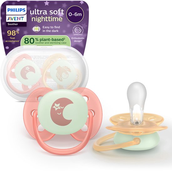 Sucettes motif lune et hibou, emballées dans une boîte avec la marque Philips Avent.