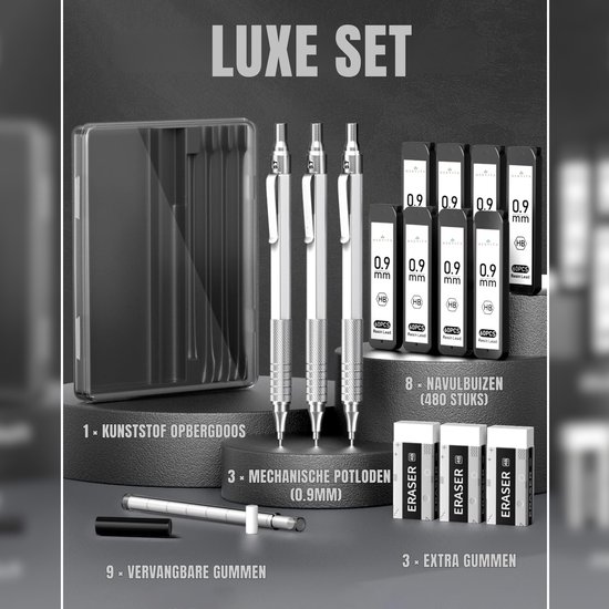 Luxe set met een kunststof opbergdoos, drie 0.9 mm mechanische potloden, navulbusjes en extra gummen.