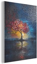 Akoestisch wandpaneel 70x100 cm - Vilt schilderij Boom - Blauw - Bladeren - Vakken - Akoestische panelen - Geluidsdempende wanddecoratie - Geluidsisolatie woonkamer - Muurdecoratie geluidspanelen