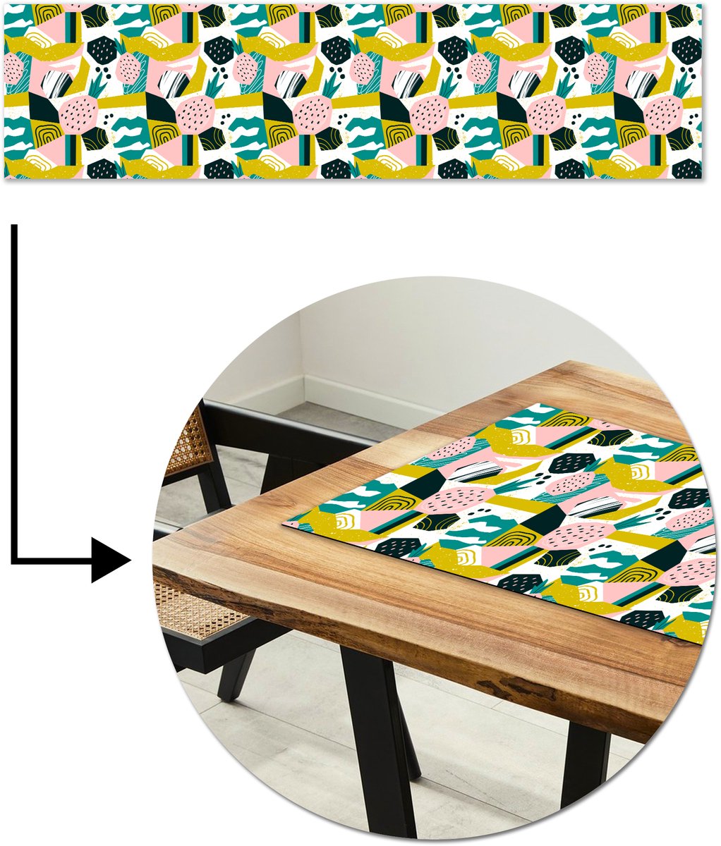 Tafelloper 200x50 cm - Tafelmat vinyl Tropisch - Abstract - Ananas - Geel - Groen - Roze - Tafeldecoratie - Tafelversiering - Keuken decoratie - Tafel versiering