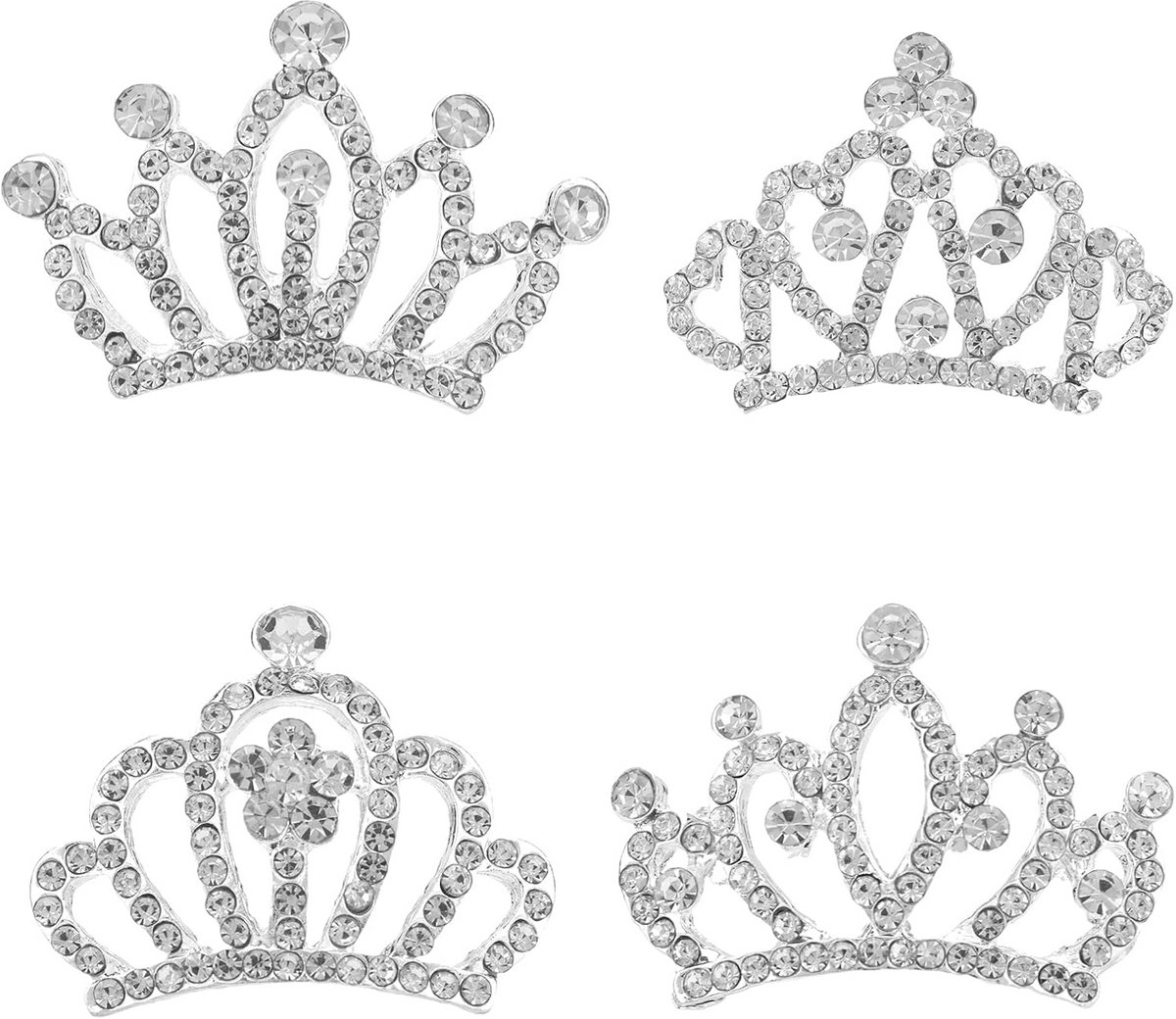 4 Stuks Zilveren Mini Kroontjes met Strass - Haarspeldjes & Taartdecoratie