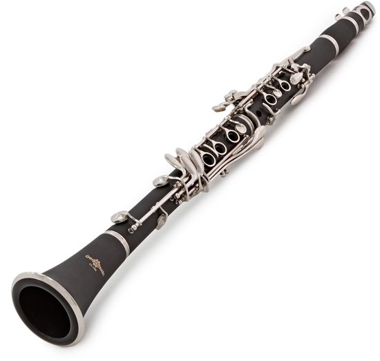 Zwarte klarinet van Gear4music met zilveren kleppen en ringen.