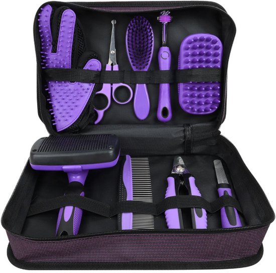 Verzorgingsset voor huisdieren - 9-delige set met verzorgingsbenodigdheden voor honden en katten-inclusief borstelset-nagelknipper en trimgereedschap voor kort en lang haar