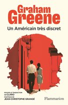 Boek 'Un Américain très discret' van Graham Greene, met een illustratie van een koppel dat wegloopt in een rode steeg.