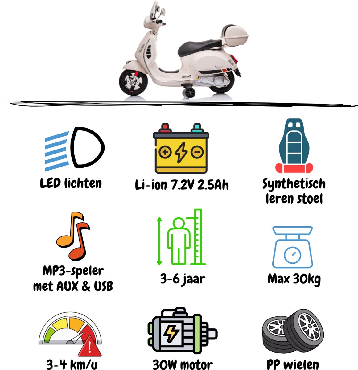 Vespa GT Full Option Elektrische Kinderscooter 3 tot 6 jaar – Officieel Gelicentieerde Kinder Vespa met Kofferbak & Verwijderbare Zijwieltjes – Li-ion Kindermotor met Kunstlederen Zitje, MP3 AUX & USB – Wit — afbeelding 6