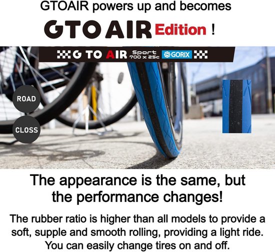 GTO AIR Edition fietsband in blauw met 'GTO AIR SPORT 700x25c GORIX' opdruk. Een deel van de band is zichtbaar.