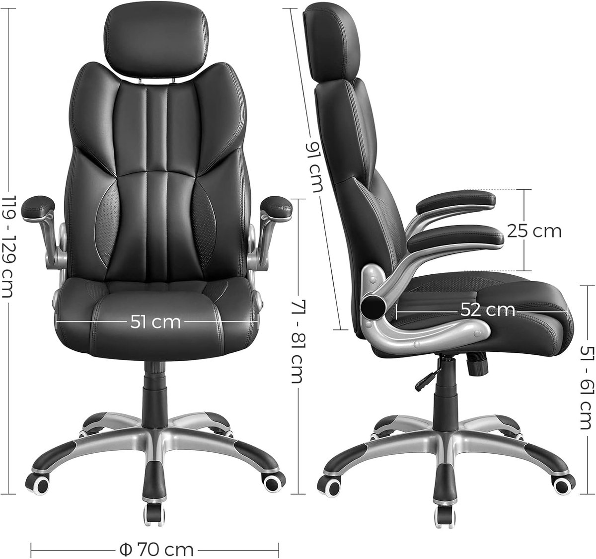 Ergonomische bureaustoel Casa Velluto Titan Pro, gamestoel, draaibare stoel met inklapbare armleuningen en in hoogte verstelbare hoofdsteun, belastbaar tot 150 kg, PU-leder, zwart
