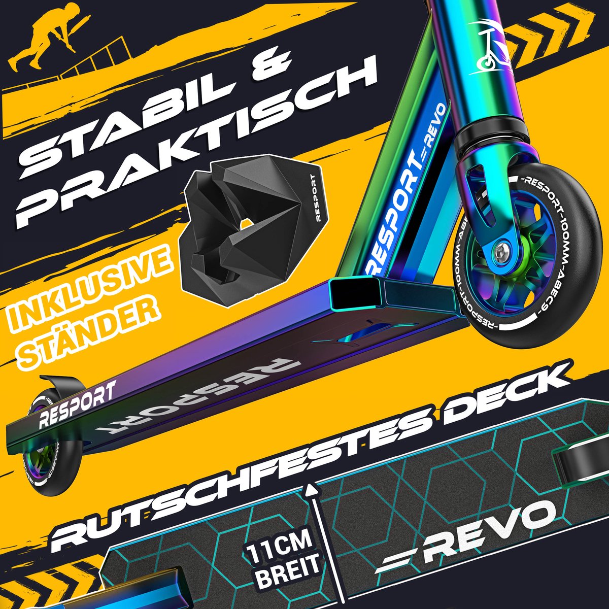 RE:SPORT Stuntstep REVO - Stuntstep voor Kinderen & Volwassenen - ABEC-9 - 100mm PU Wielen - Met Standaard - Y-Bar - Trick Scooter