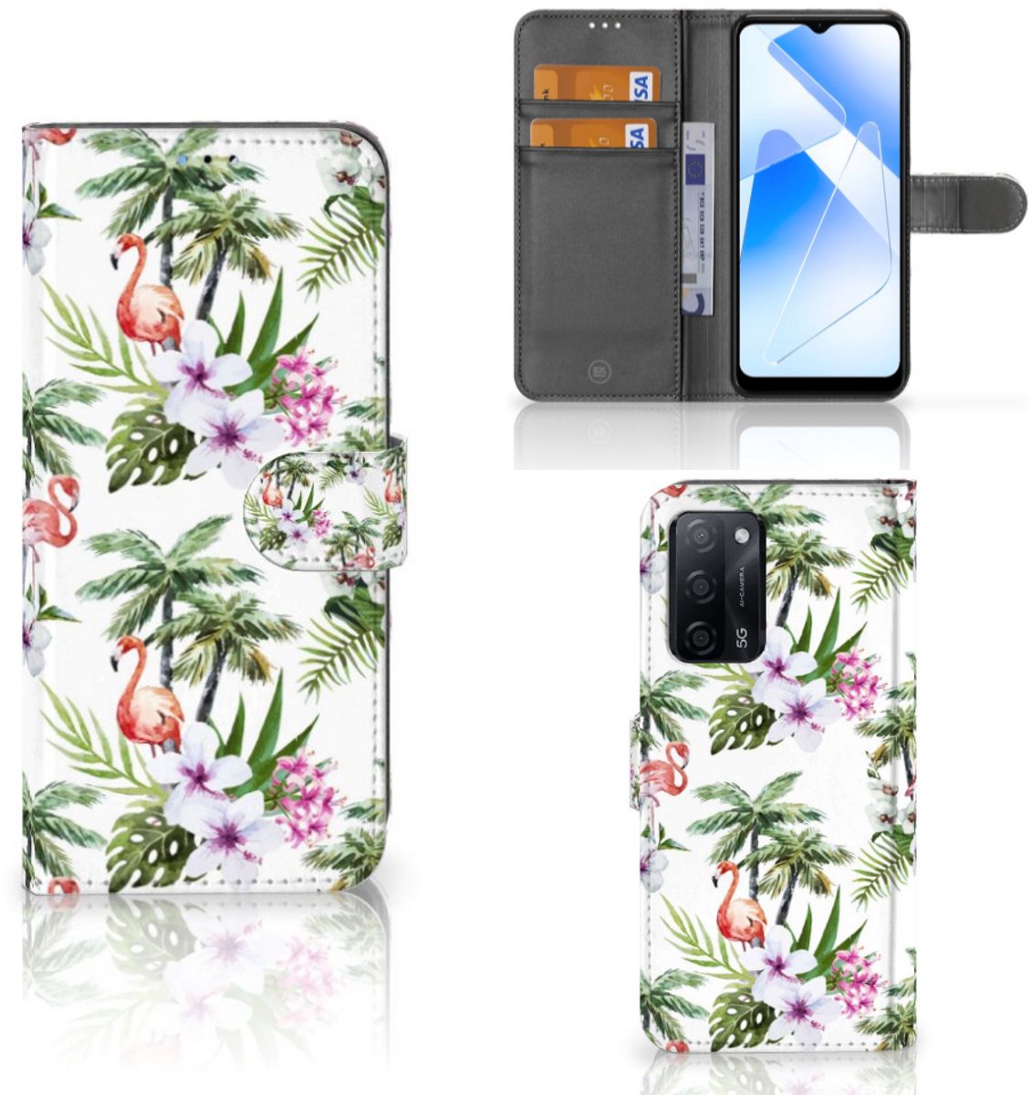 OPPO A16/A16s/A54s Telefoonhoesje met Pasjes Flamingo Palms