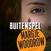 Boekcover van Buitenspel, een jeugdthriller van Margje Woodrow, met een oog op de voorgrond en een klein figuur in de verte.