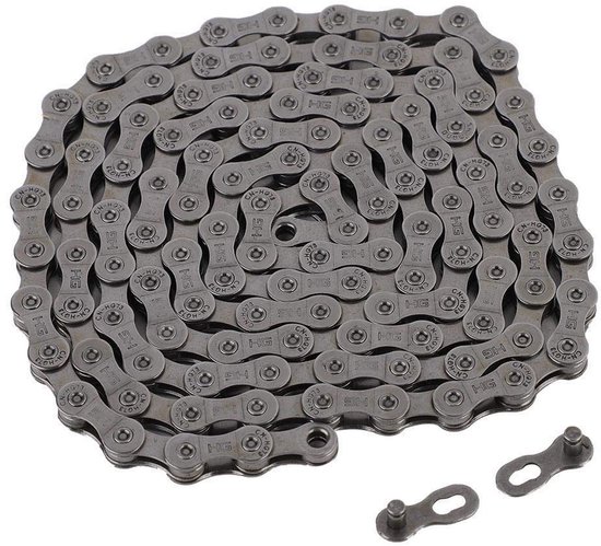 Opgerolde 9-speed fietsketting gemarkeerd met 'HG' en 'CN-HG73', inclusief twee losse sluitschakels.