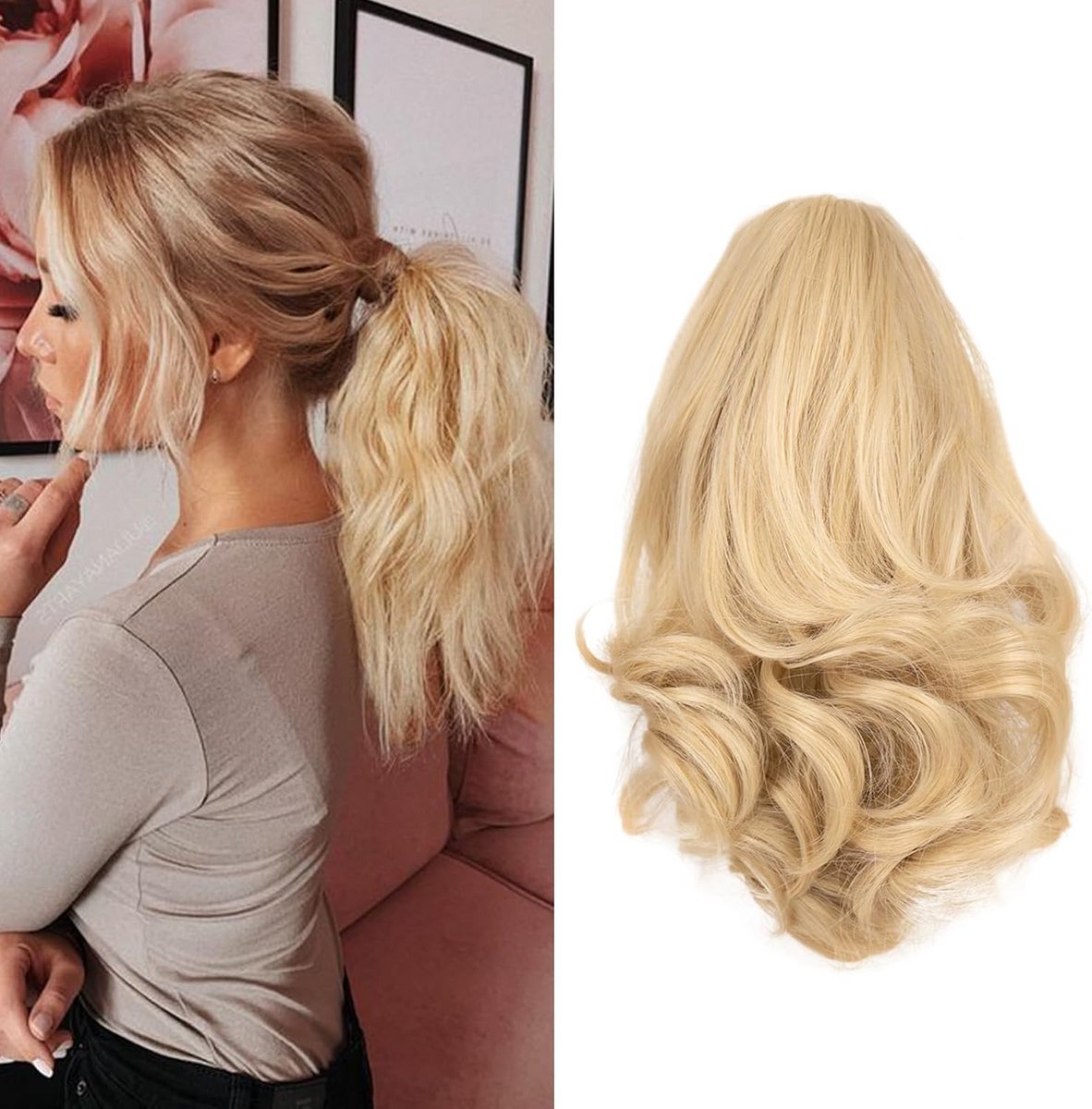Golvende Clip-In Paardenstaart Haarverlenging 30cm - Volume en Lengte in Asblond Mengen