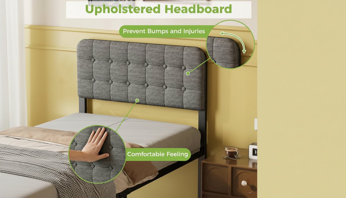 Bedframe 90x200 cm met Gestoffeerd Hoofdbord – Casa Velluto Metalen Eenpersoonsbed met Lattenbodem – Stevig Stalen Bedframe met 41 cm Opbergruimte – Geluidsvrij Slaapframe – Eenvoudige Montage – Zwart/Grijs