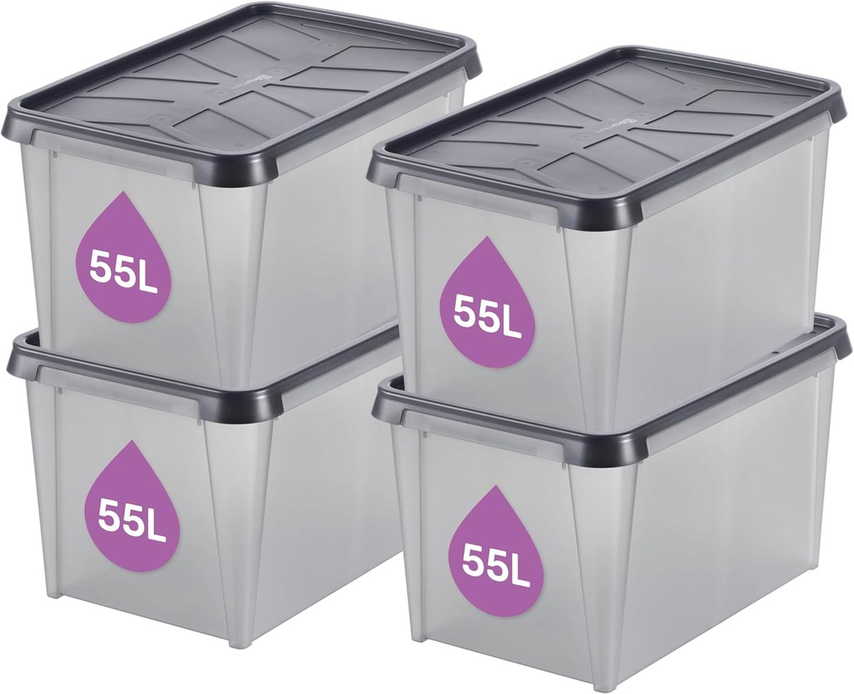 4x Waterdichte Opslagbox 55L met Deksel - Stapelbaar en Stofvrij Bewaren