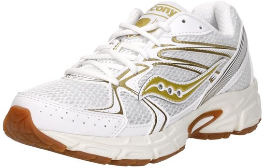 Witte Saucony sneaker met gouden accenten en een crèmekleurige zool met bronzen loopvlak.