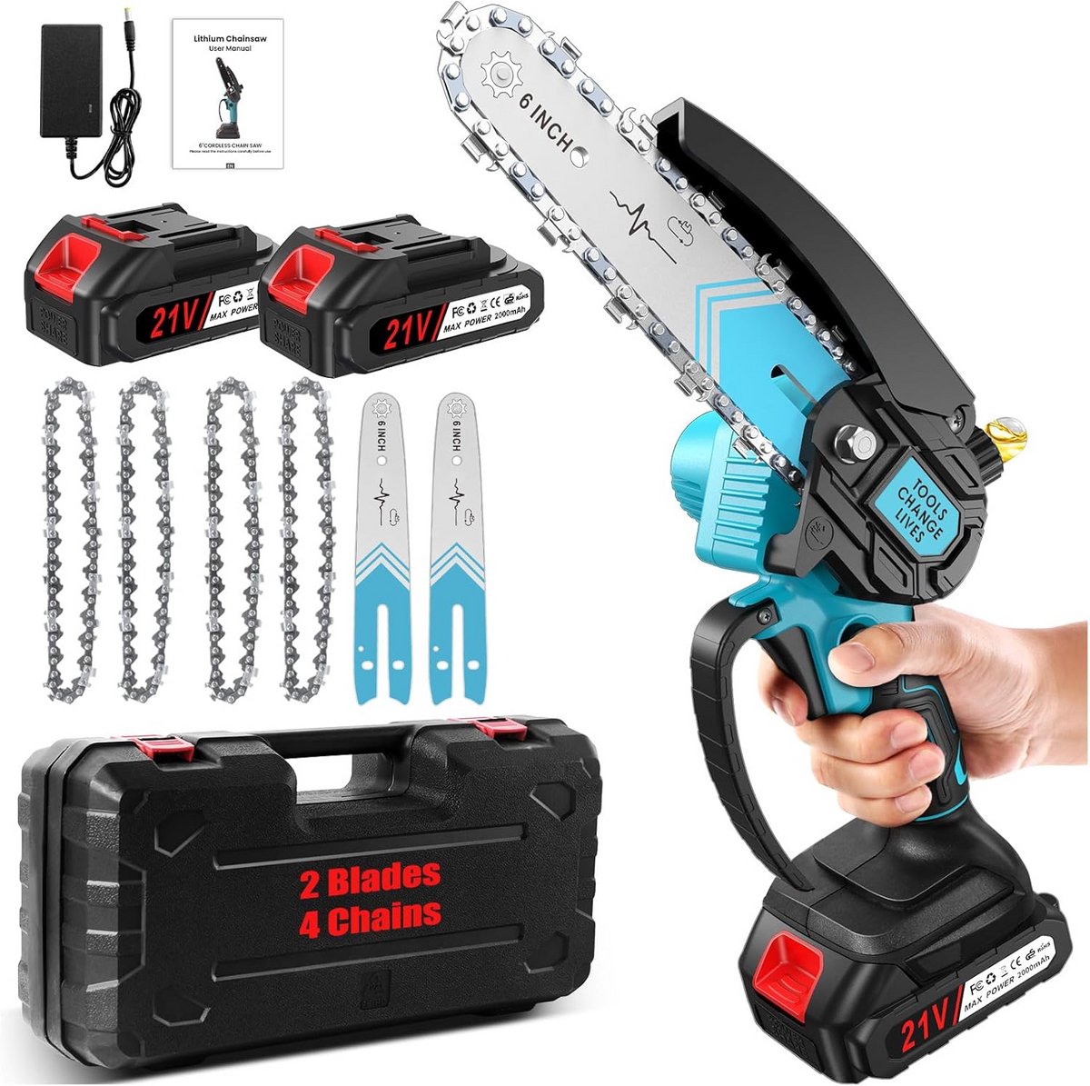 Draadloze Mini Kettingzaag 6 Inch - 4000 mAh batterij en 4 kettingen voor Hout en Takken