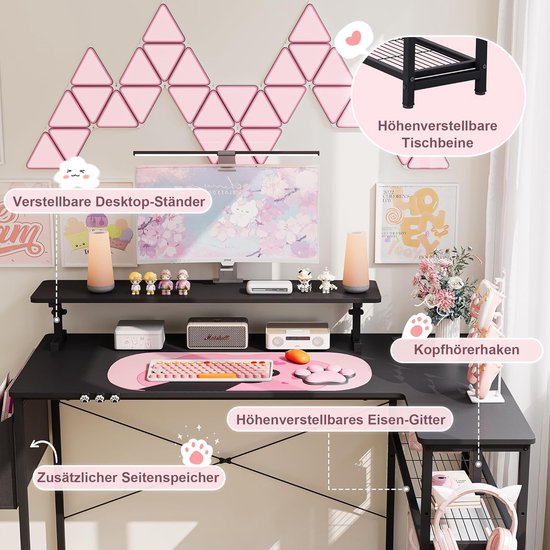Schattig gamingbureau met koolstofvezeloppervlak en hoofdtelefoonhaak - 100 x 50 cm, zwart/roze van Merkloos — afbeelding 3