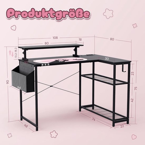 Schattig gamingbureau met koolstofvezeloppervlak en hoofdtelefoonhaak - 100 x 50 cm, zwart/roze van Merkloos — afbeelding 4