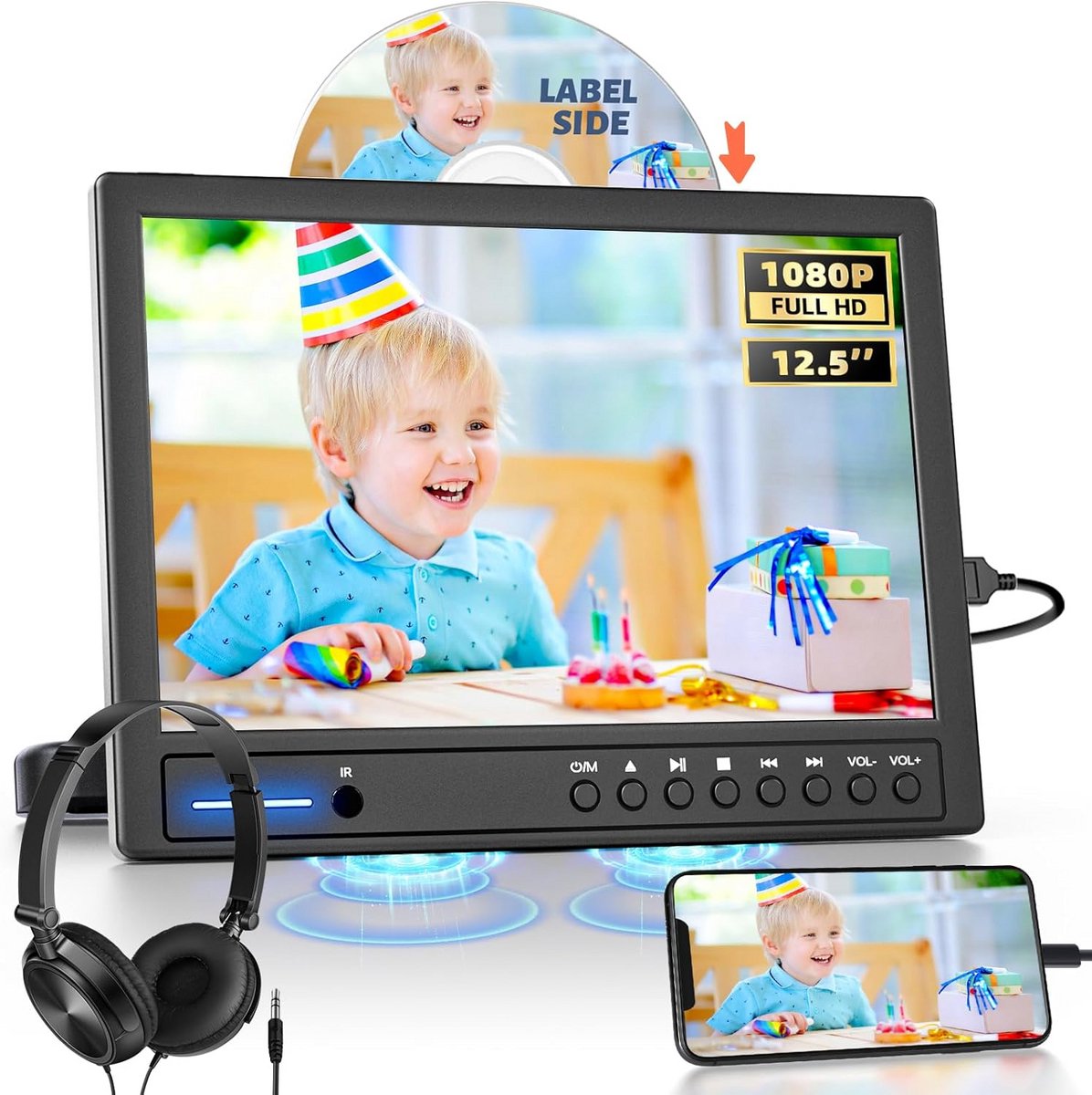 Draagbare 12,5 inch DVD-speler voor auto met hoofdtelefoon en 1080P resolutie
