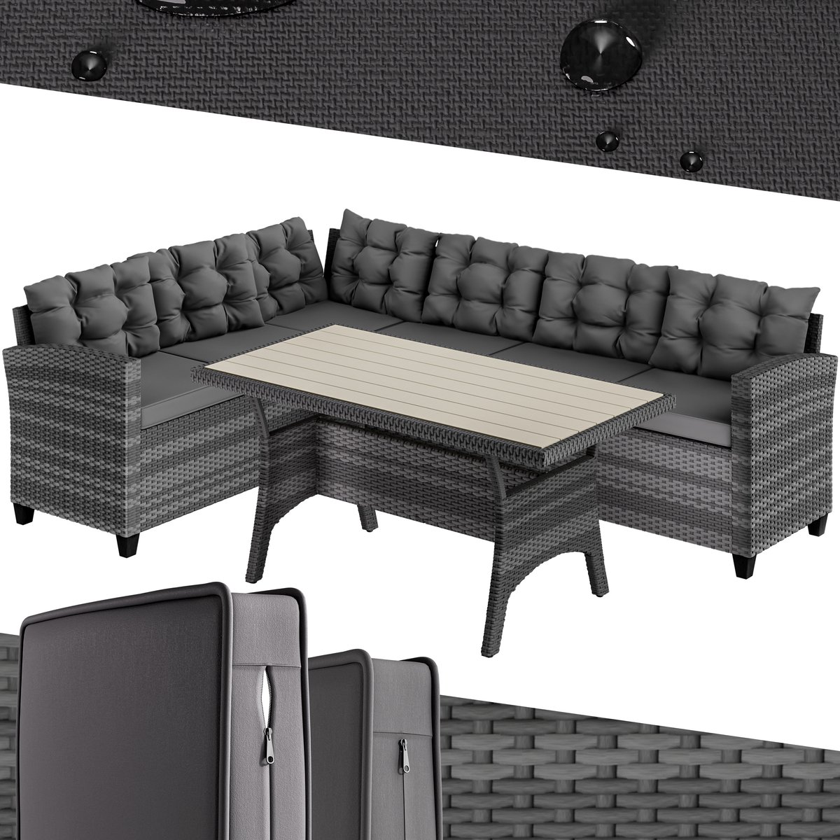 Casaria Loungeset - 6 Personen Eettafel Polyrattan – Grijs thumbnail 3