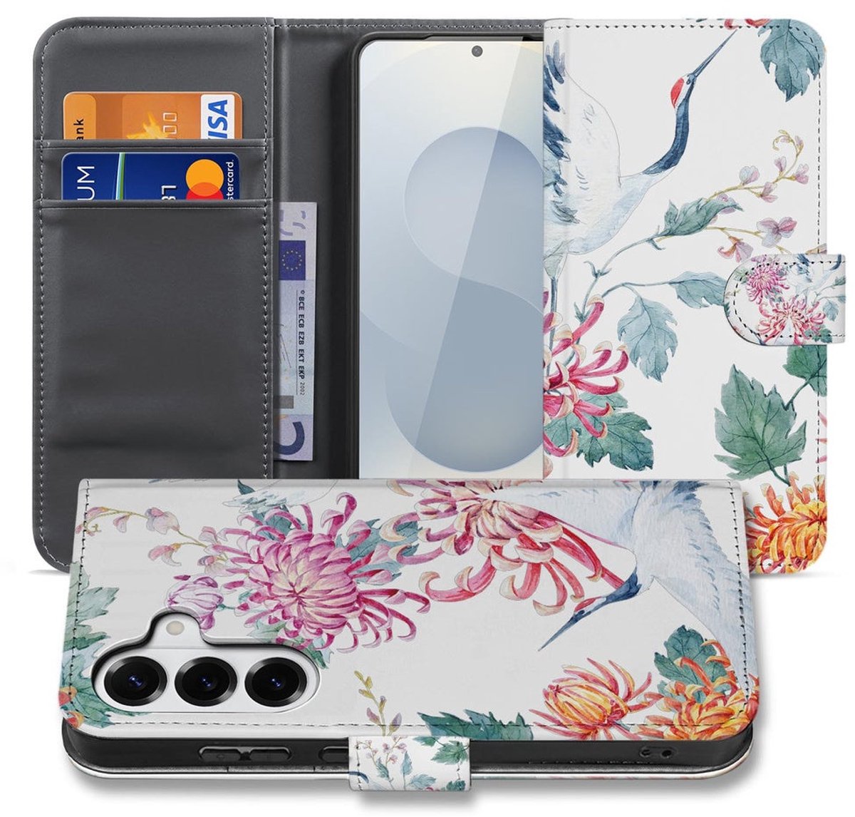 Samsung Galaxy S26 Plus Bookcase Hoesje Met Pasjes Bird Flowers Print
