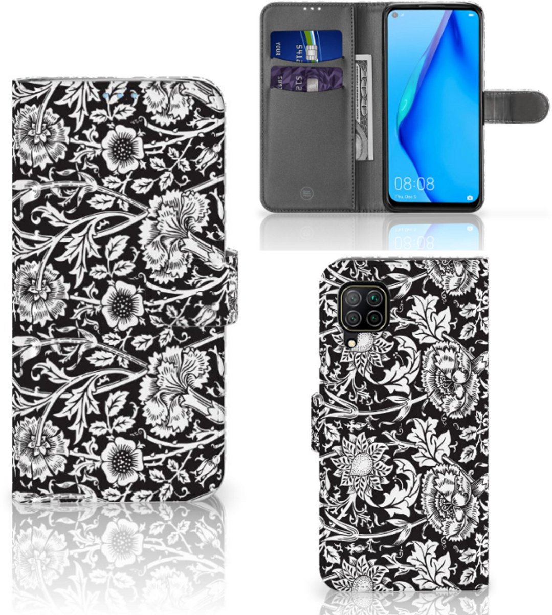 Huawei P40 Lite Hoesje Black Flowers