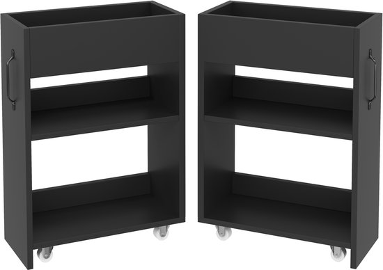 Twee zwarte, open archiefkasten met wieltjes en handvatten.