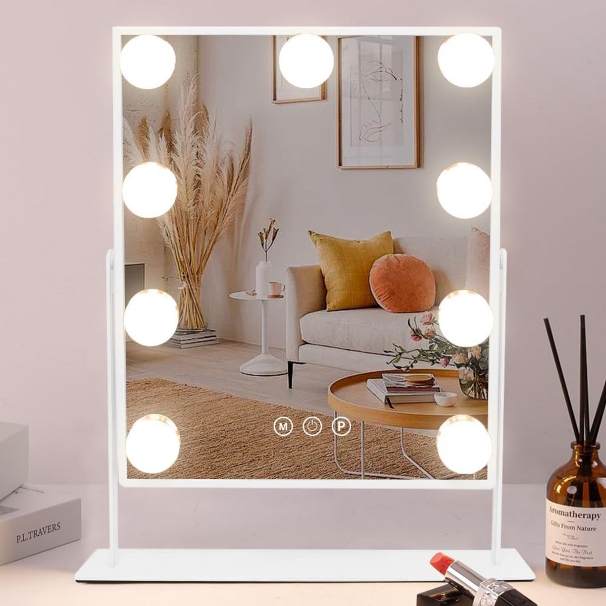 Verlichte make-upspiegel met 9 LED-lampen en 10x vergroting