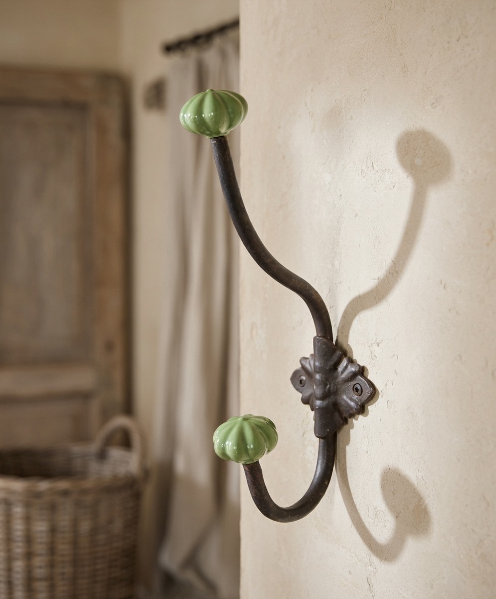 Smeedijzeren Jashaak met dubbele keramische koppen 23cm × 8cm x 5cm- Dubbele wandhaak - Brocante haak voor jas