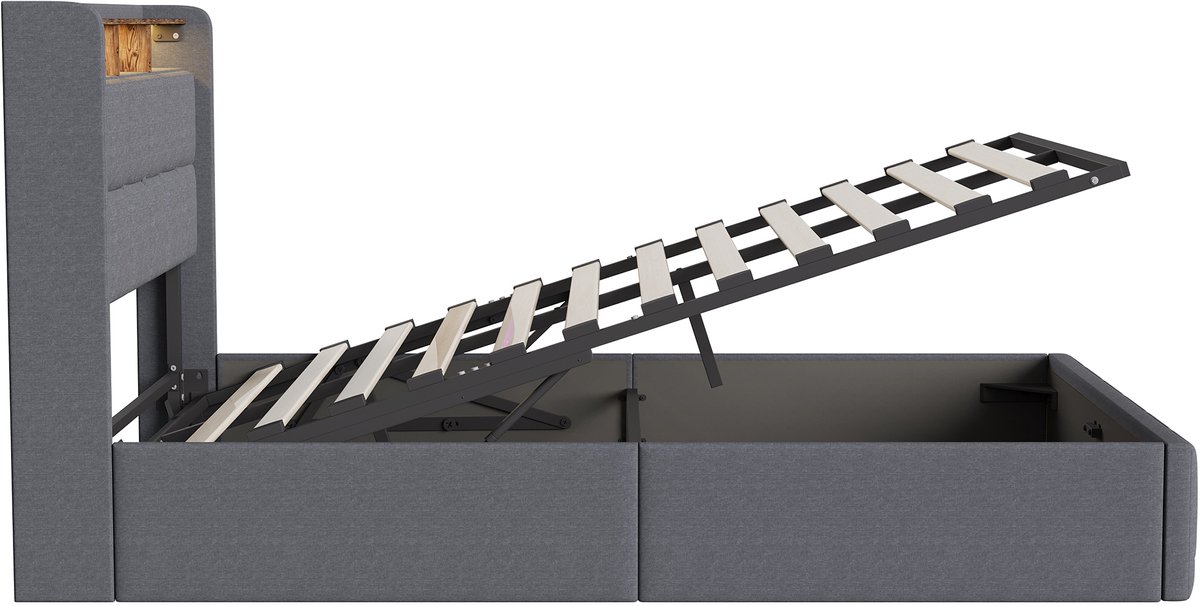SHOPENTRA Opbergbed 160x200 cm Grijs met LED Hoofd- & Voetbord - afbeelding 3