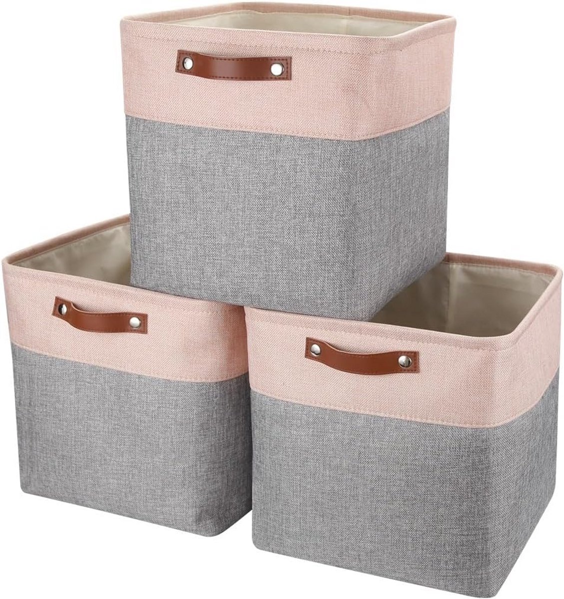 Set van 3 Grijze en Roze Stoffen Opbergboxen voor Kasten, 28x28x28cm