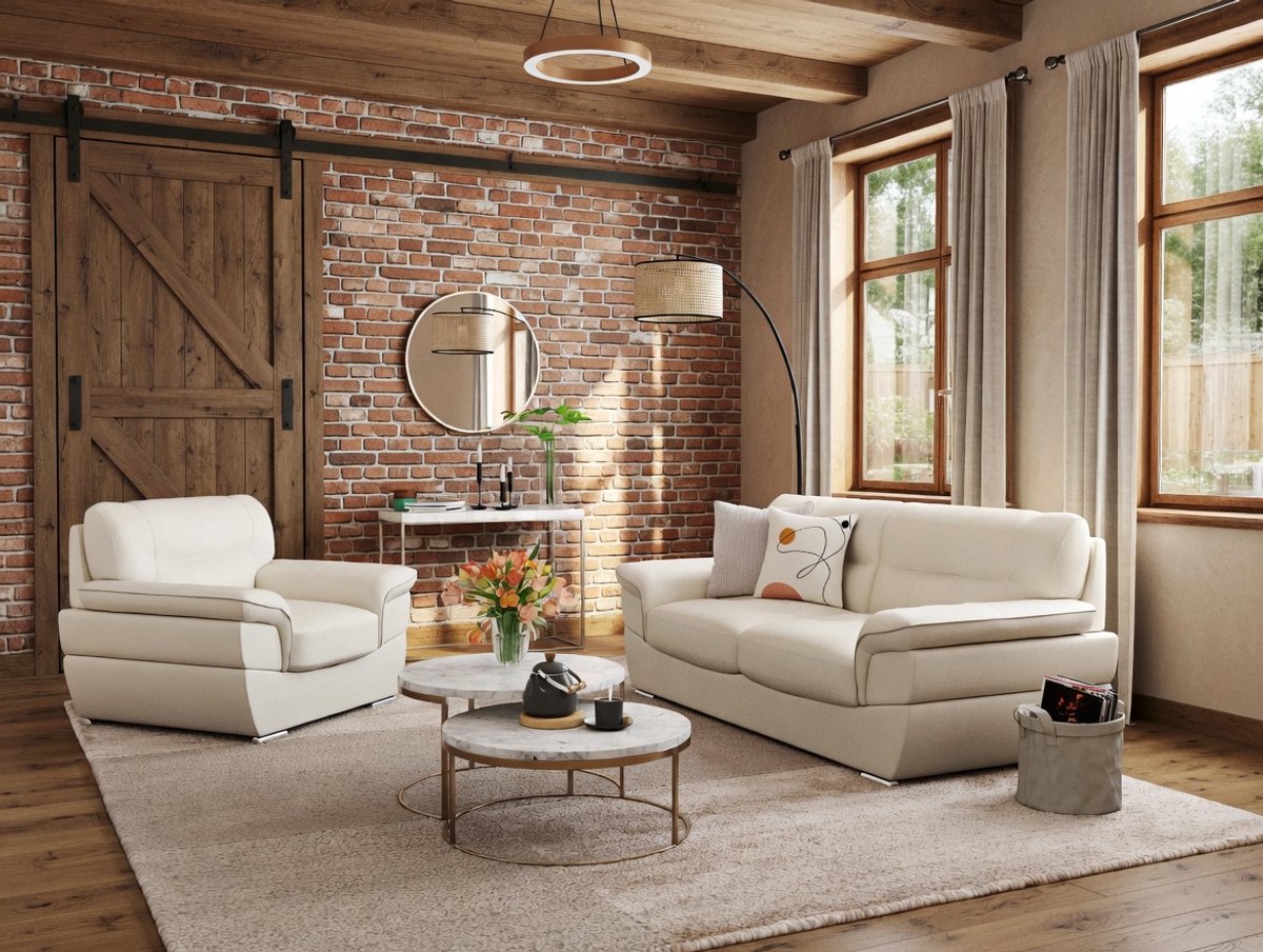 Driezitsbank 210 × 93 × 87 cm – Luxe Leren Bank met Brede Armleuningen en Metalen Poten – Moderne 3-Zits Bank van Echt Rundleer – Ivoor – Lyon Comfort – Bellavero