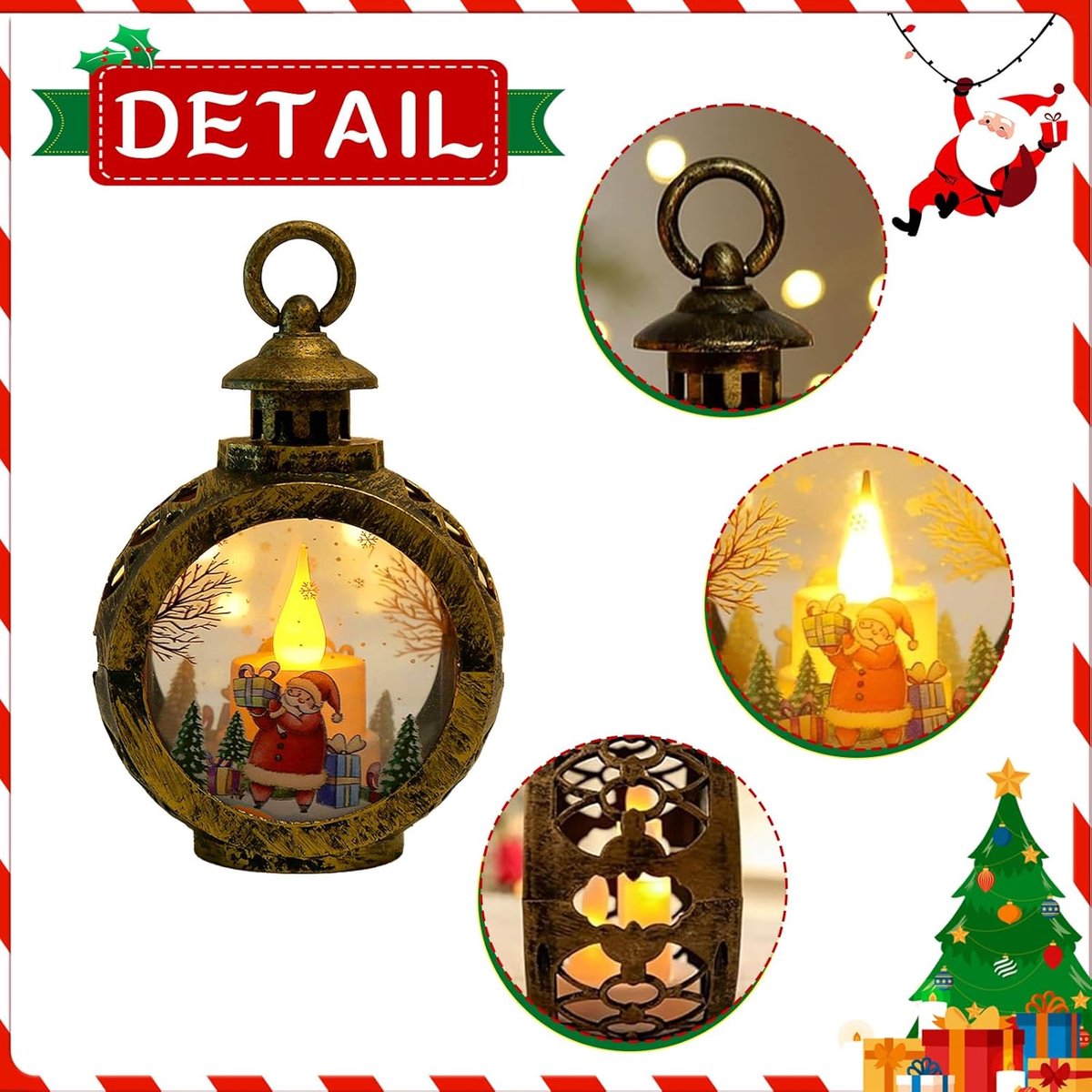 Decoratieve kerstlantaarn set van 2 met sneeuw en kerstthema voor tafeldecoratie – foto 2