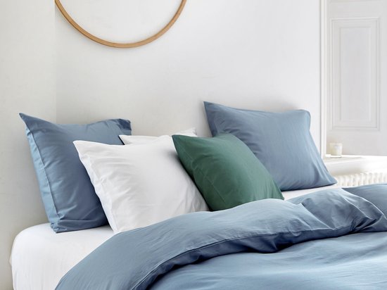 Yumeko Ensemble housse satin de coton bleu délavé 260x220 + 2 / 60x70