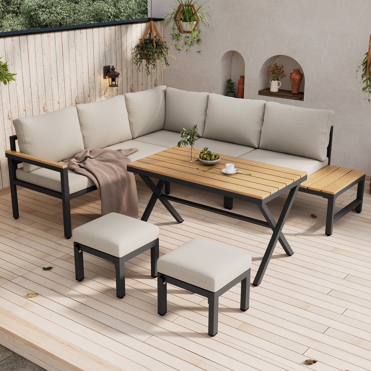 Tuin Eethoek 4-Delig - Hoekbank + 2 Hockers + Eettafel - Met Opbergplank - Verzinkt Staal - Grijs