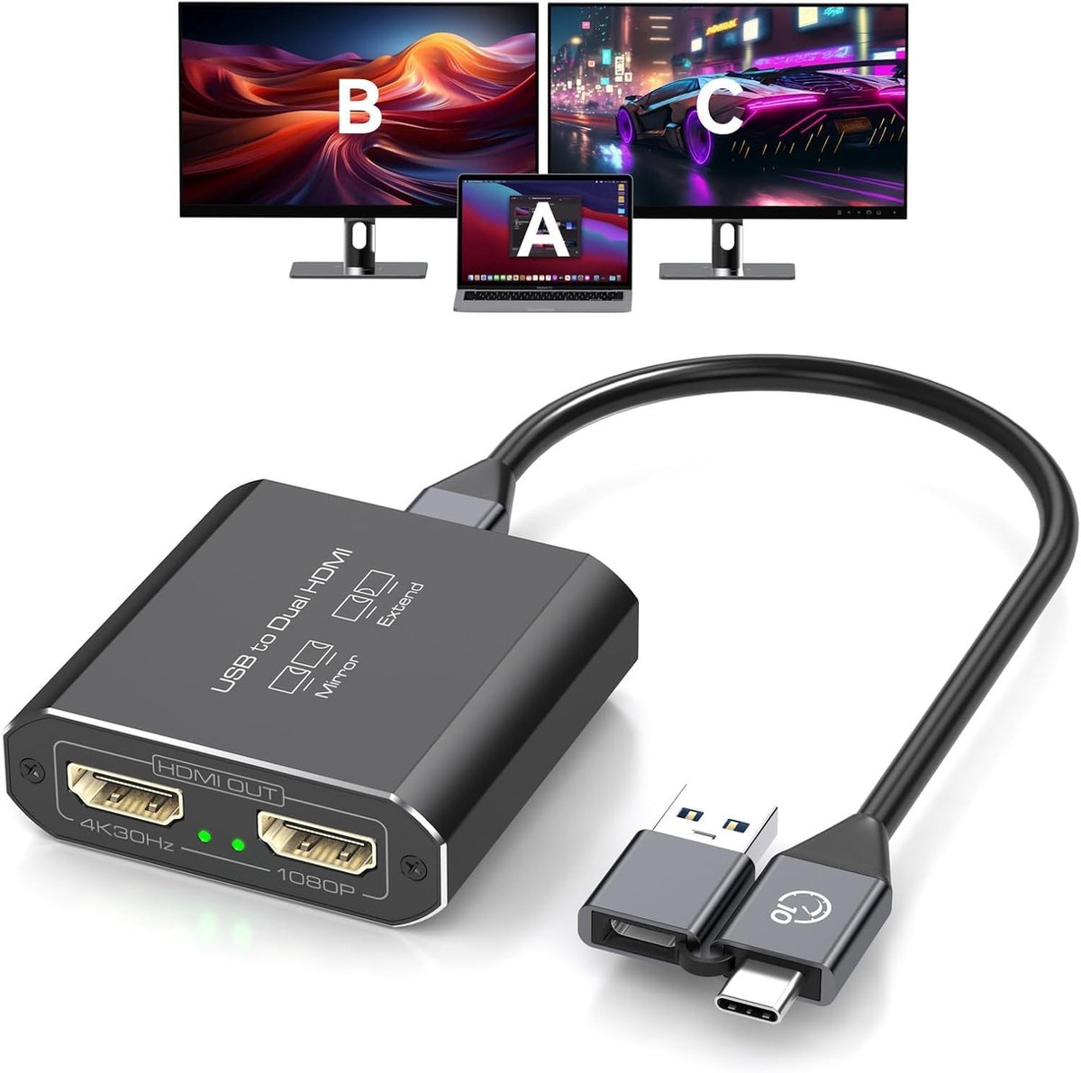 HDMI Splitter 1 In 2 Out voor Dubbele Monitoren - USB A&C naar 2 HDMI Adapter met Ondersteuning voor MST & SST Modus