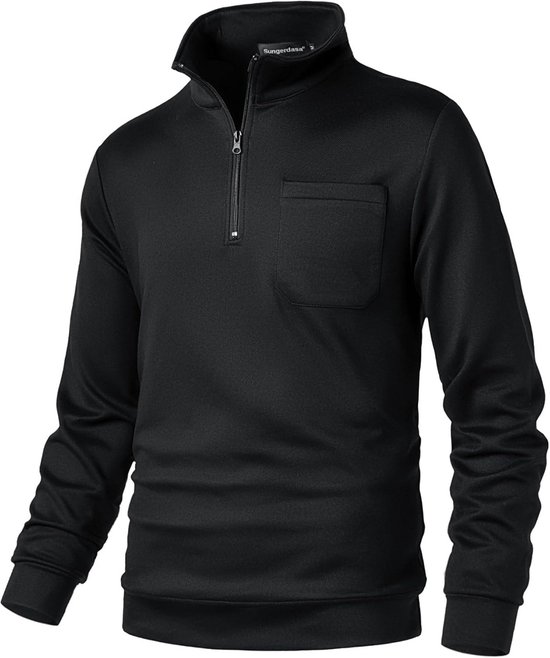 Zwart fleece sweatshirt met kwart rits, opstaande kraag en een borstzak.