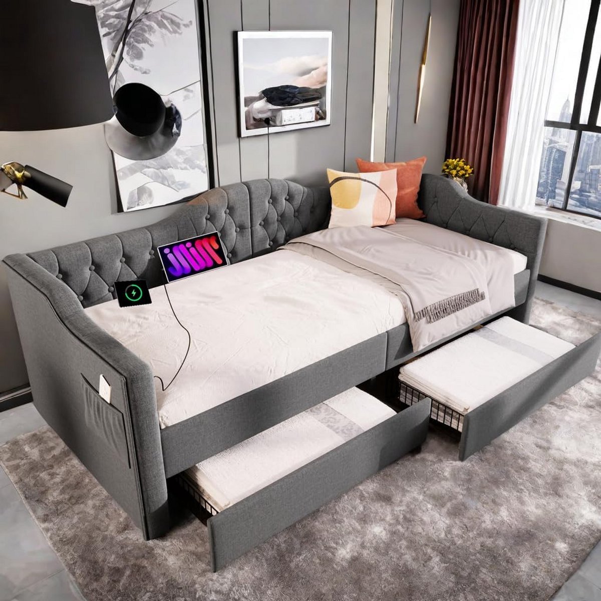 Slaapbank 90x200 cm met Bedbox en USB Type C Oplaadfunctie - Grijs Linnen