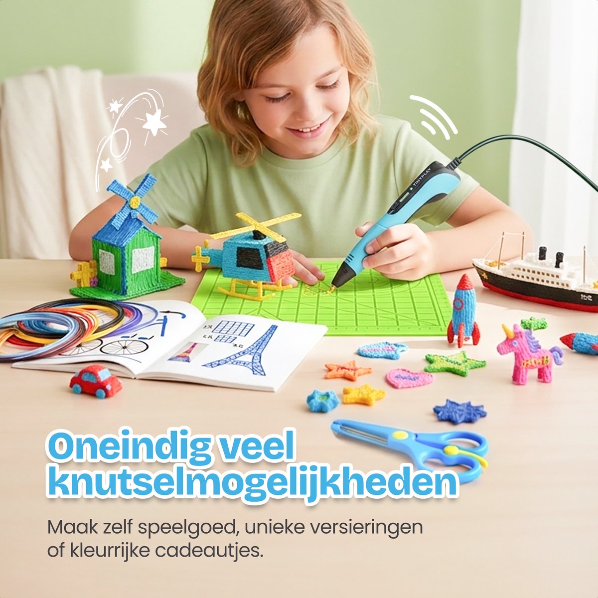 TinyPlay 3D Pen Starterspakket XXL – 3D tekenen - 100m Vullingen PLA Filament 1.75 mm – 3d pennen tekenset - Voor kinderen - Sjablonen boek - Opbergcase en tekenmat – Blauw — afbeelding 9