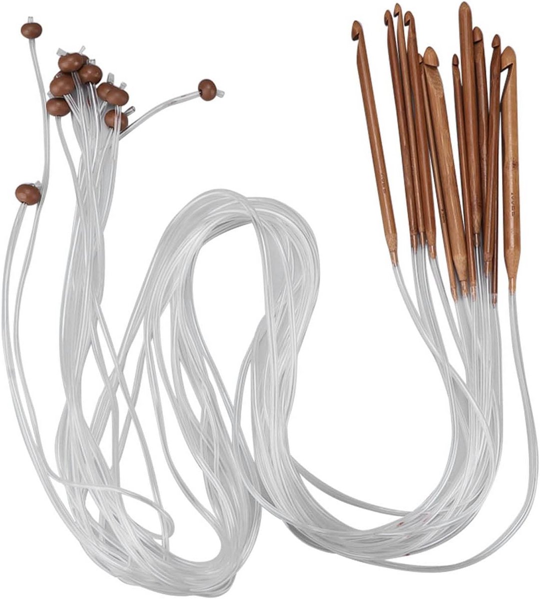 12-delige Haaknaaldenset met Kabel - Houten Tunisian Haaknaalden 3mm tot 10mm voor Brei- en Haakprojecten