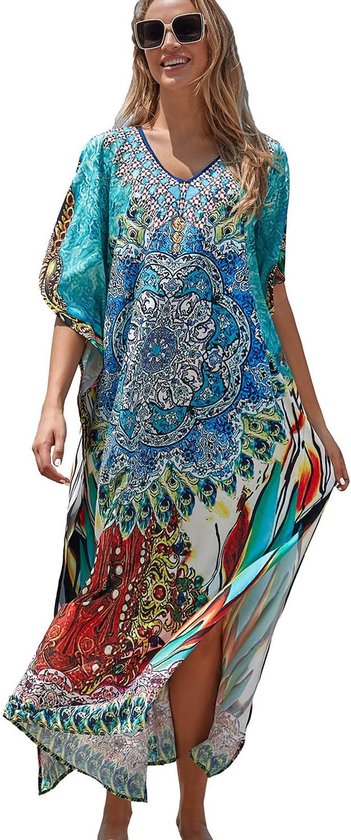 Etnische Maxi Kaftan voor Dames - Oversized Loungewear, V-hals, Lange Mouwen, Slouchy Stijl, Ideaal voor Strand en Vakantie