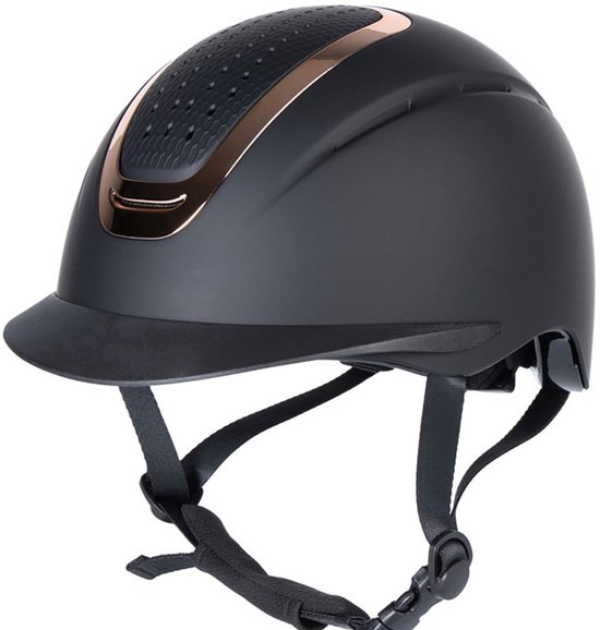 Zwarte rijhelm met rosegouden accenten en geperforeerd ventilatiepaneel bovenaan.