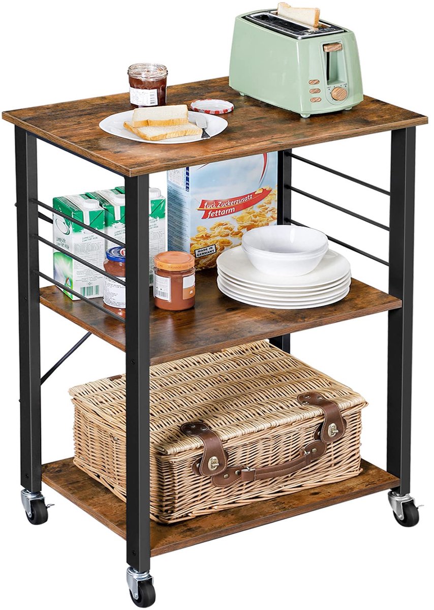 Koken - Servierwagen op Rollen - 3 Verdiesingen - Vintage Bruin en Zwart - 40 x 60 x 89 cm