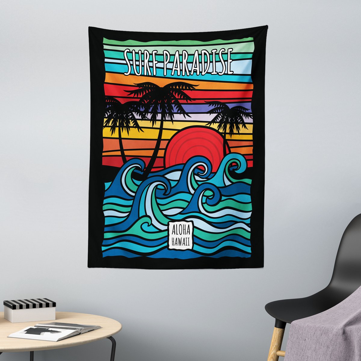 ABAKUHAUS Aloha Wandtapijt, Hawaii Surf Paradise Grafische interpretatie van golven en palmbomen in een tropische omgeving, 110 x 150 cm, meerkleurig Veelkleurig