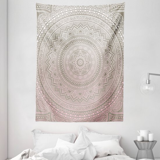 ABAKUHAUS Tapisserie murale Mandala, design floral abstrait avec motifs du folklore du Sud-Est, 110 x 150 cm, Rose clair Blanc Beige
